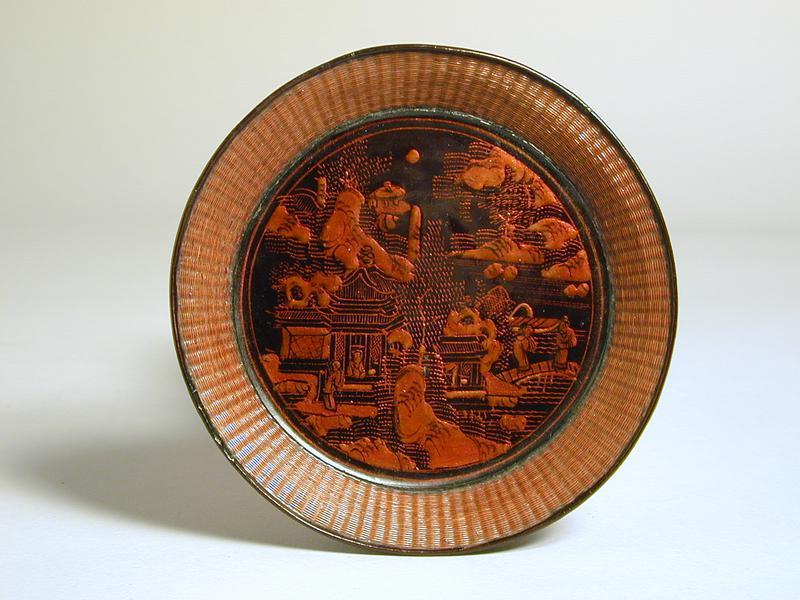 Dish with Basket Weave Pattern with Scene of Houses and Figures