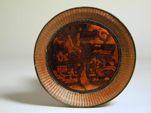 Dish with Basket Weave Pattern with Scene of Houses and Figures