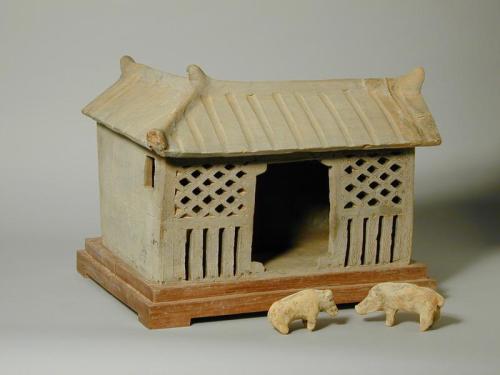 Tomb Figurine of a Farmhouse with Pigsty & Pigs