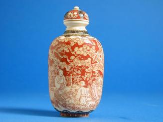 Ivory Snuff Bottle with a Design of a Garden Scene of Two Men Drinking Tea and a Woman Playing a Stringed Instrument