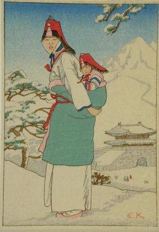 Korean Mother & Child in Snowy Landscape