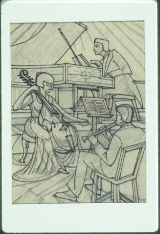 The Trio (A drawing for the linocut; Cyril Power, piano, Sybil Andrews, viol da gamba, Max Champion, treble recorder)