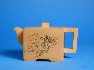 Drum Shaped Yixing Teapot with Landscape and Calligraphy Design