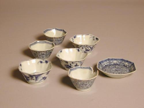 Small Blue and White Hexagonal Cup with Varied Motifs