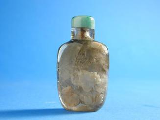 Smokey Quartz Snuff Bottle with relief design of iris, cat and butterfly