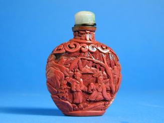 Cinnabar Lacquer Snuff Bottle Carved with Figures in a Garden