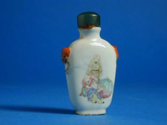 Porcelain Snuff Bottle with Relief Mask & Ring Handles on Sides & Decoration Depicting Boys at Play