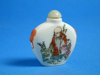 Porcelain Snuff Bottle with Enamel Designs of Shou Lao, Deer & Boy