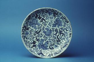 Large Blue and White Dish with Peony Flower Scrolls