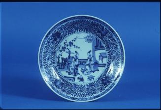 Blue and White Dish with Two Seated Female Figures and a Small Boy