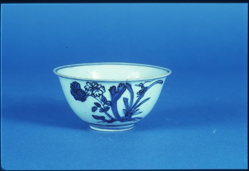 Blue and White Bowl with Peaches and Floral Sprays