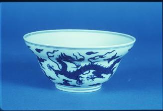 Blue and White Bowl with Dragon and Scroll Motif