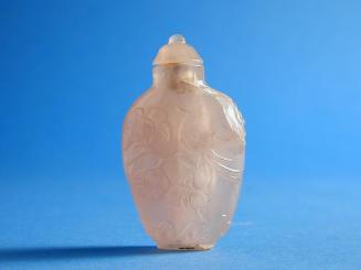 Rose Quartz Snuff Bottle with decoration of low relief lotus & phoenix