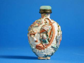 Snuff Bottle with high relief decoration of Figures on a Boat and on Shore
