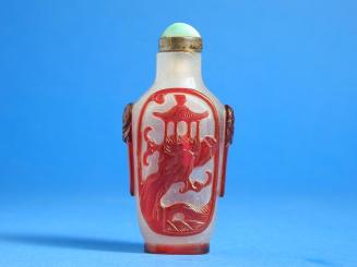 Snuff Bottle with red overlay design of a fisherman, boat and pavilion
