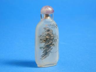 Glass Snuff Bottle Painted Inside with Corroded Rock, Chrysanthemum, Calligraphy, Cricket and Grass