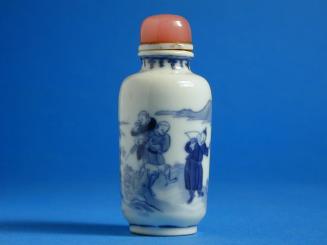 Porcelain Snuff Bottle with Underglaze Blue Designs of Figures and a Boat