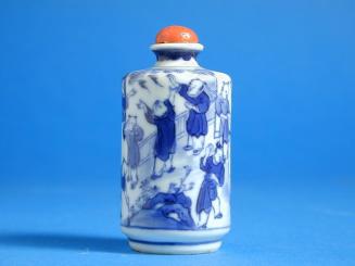 Porcelain Snuff Bottle with Design of Boys playing with Firecrackers & Hob-in-the-wall scene