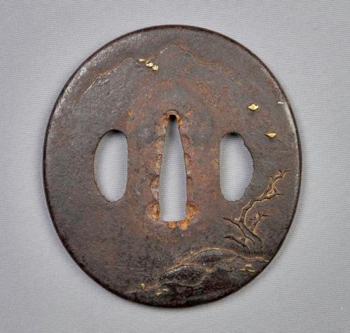 Tsuba  with Design of mountains, rocks, tree and flowers