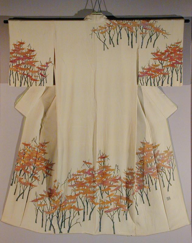 Kimono with Tree Design and Gold Embroidery